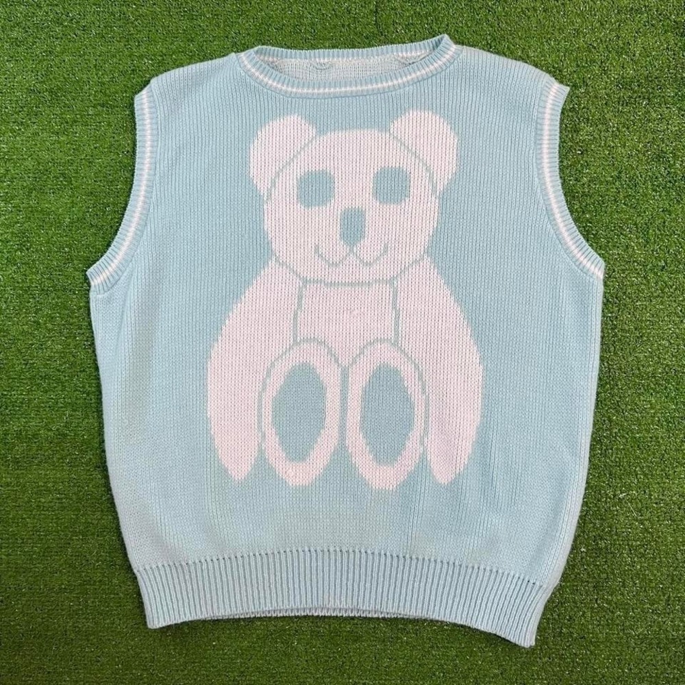 Vintage Retro Baby Teddy Bear Knitwear Sweater Vest Pastel Blue‎ Kidcore